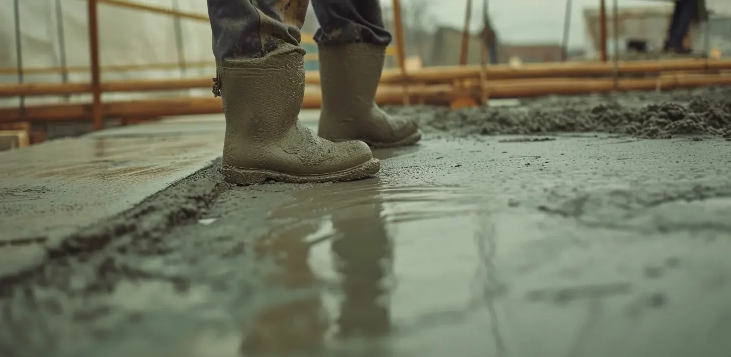Close-up of construction workers' boots on freshly poured wet concrete at a building site.