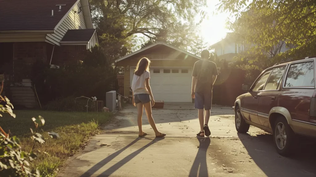 Couple walking towards a house on a concrete driveway during sunset, illustrating one of the best types of concrete for driveways.