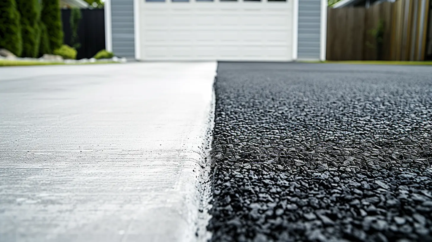 Close-up of the edge where a concrete driveway meets an asphalt road, highlighting the textural differences.