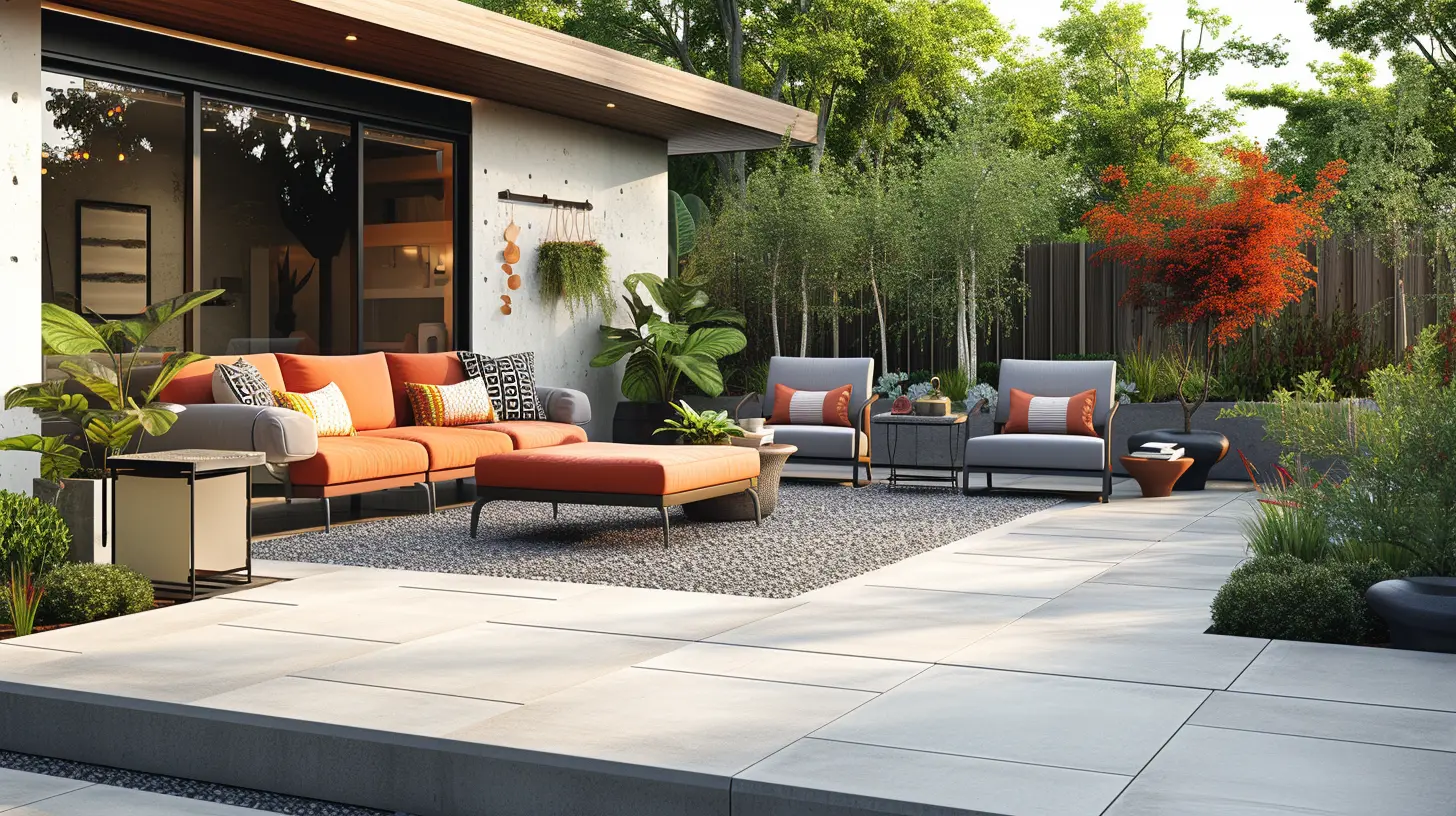 Elegant outdoor living space with a smooth concrete patio finish surrounded by lush greenery and stylish furniture