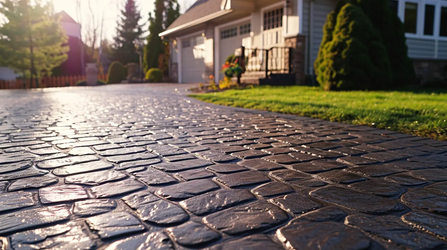Stamped concrete driveway with cobblestone pattern enhancing curb appeal of a suburban home at sunset