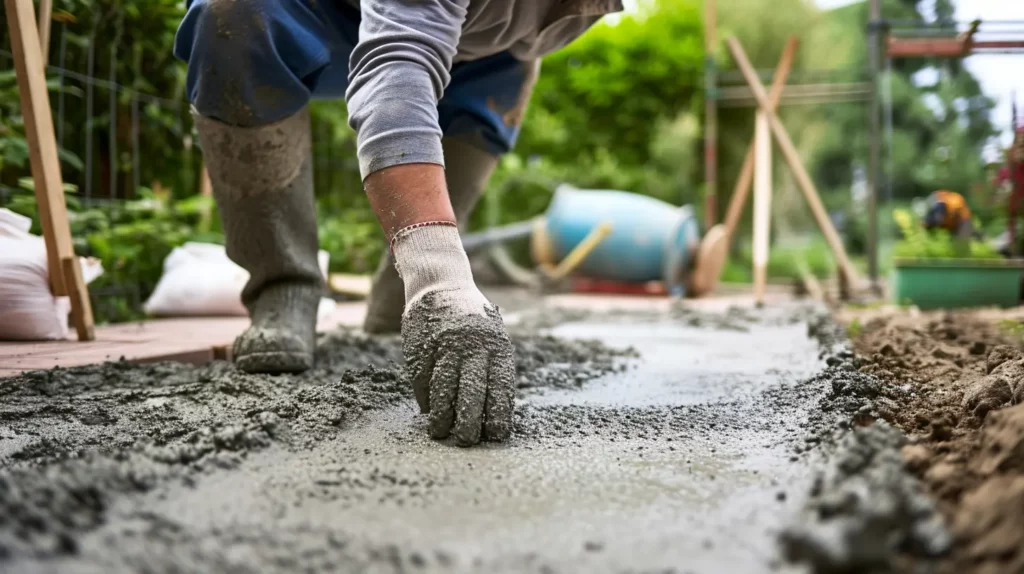 Worker hand-finishing a wet concrete surface with a background of construction tools, illustrating a step in a DIY concrete project.