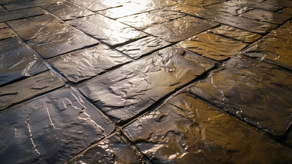 Close-up of wet stamped concrete showing intricate textures and colors