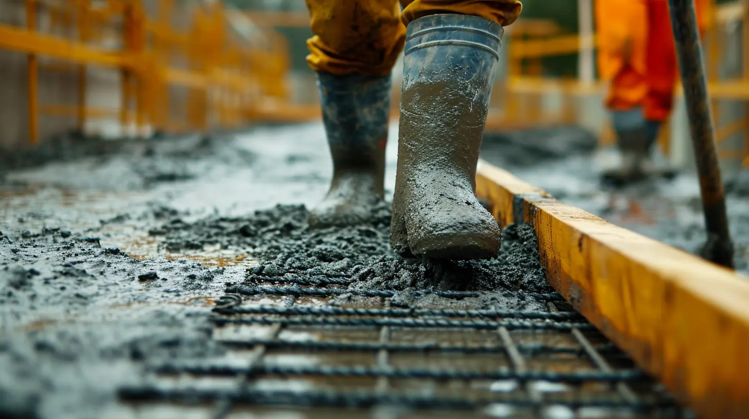 Construction worker in safety boots leveling wet concrete over reinforcement bars, showcasing the process of laying a new concrete surface.