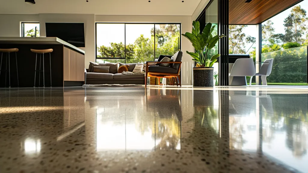 Spacious modern living room with polished concrete floors reflecting sunlight, showcasing the benefits of polished concrete floors