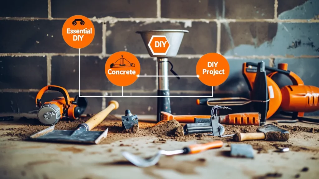 Assortment of DIY concrete project tools spread out on a construction site.