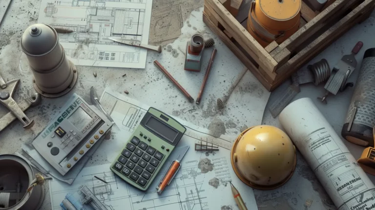 Architectural blueprints, calculator, and construction tools for a concreting project laid out on a work surface.