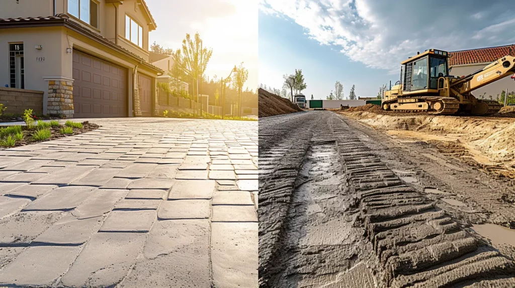 Comparison of domestic stamped concrete driveway and commercial concreting with excavator in action.