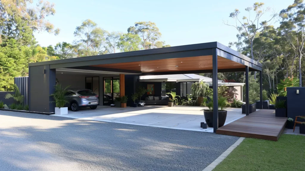 Elegant modern home with a spacious concrete carport and lush greenery.