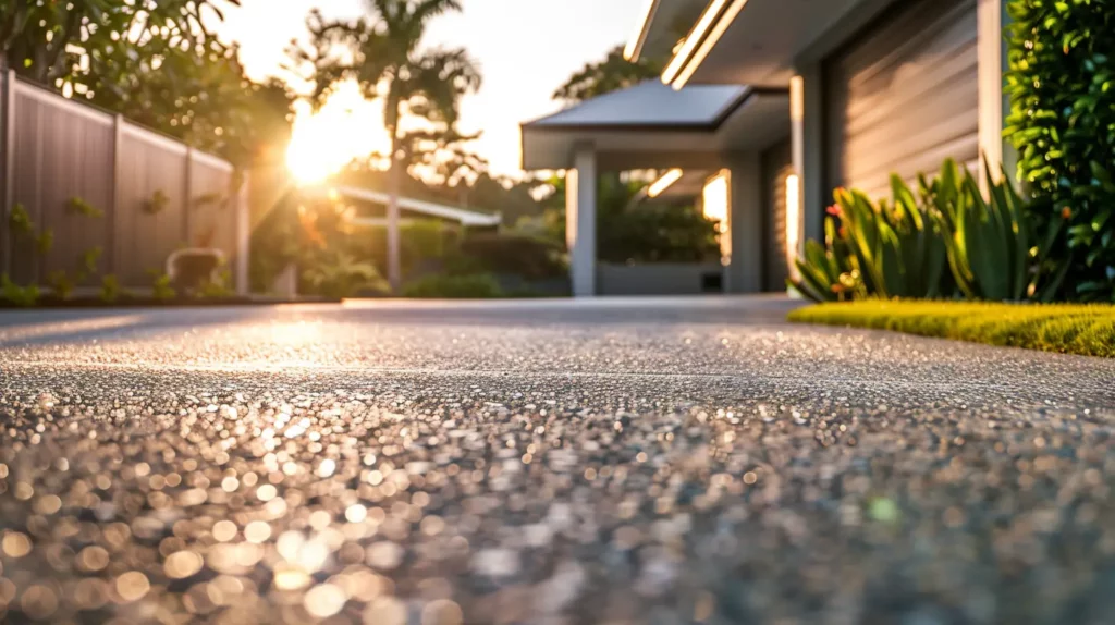 Sunset view of a sparkling concrete driveway leading to a modern carport.