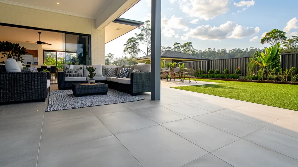 Spacious concrete patio with stylish outdoor furniture, blending indoor and outdoor living spaces
