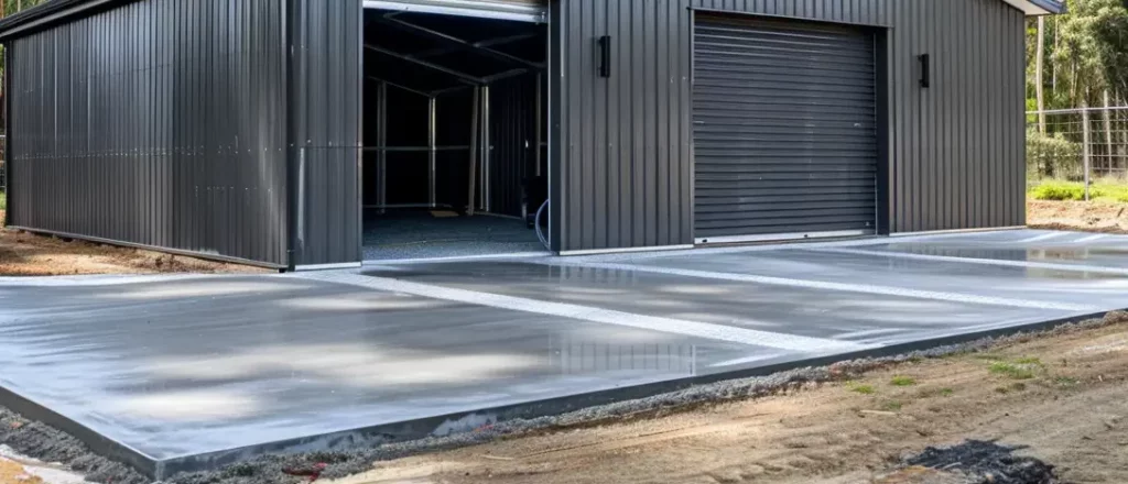 Fresh concrete shed slab in front of a new metal shed amidst a wooded area