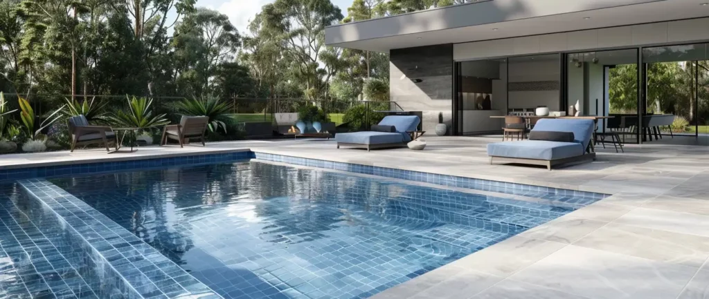 Luxurious pool surrounds with lounging area and modern house, showcasing high-end poolside design