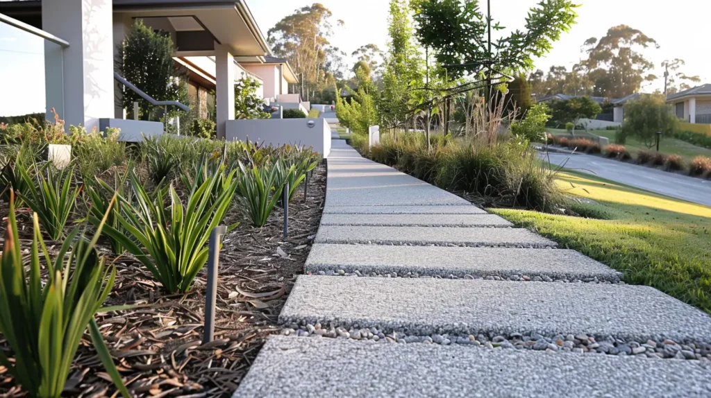Elegant concrete pathway winding through a lush garden at dusk